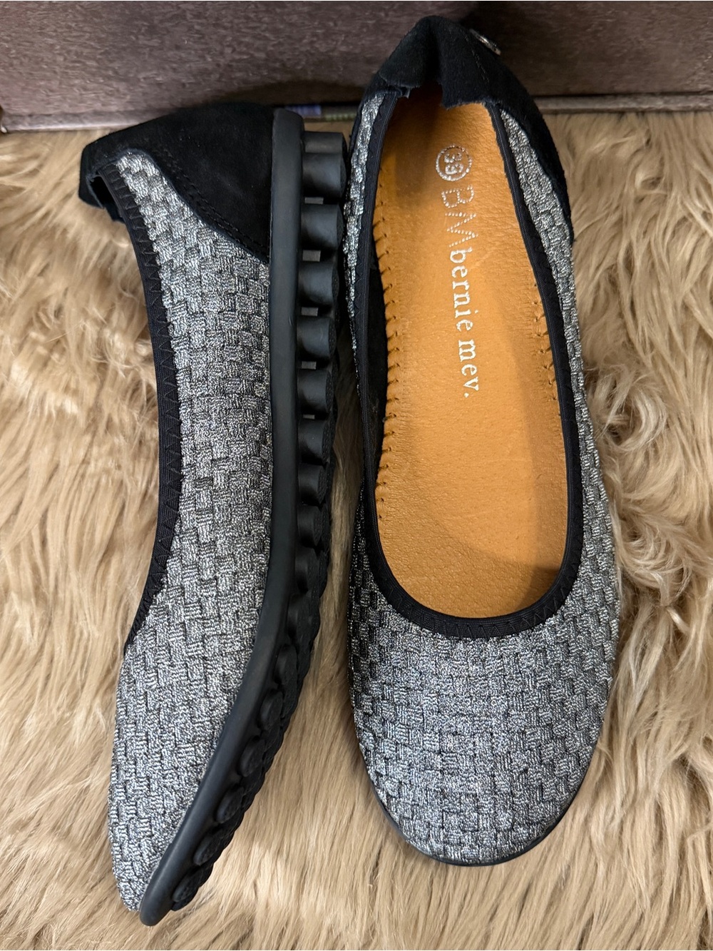 bernie mev. Hazel- Silver Gray Woven Ballet Flats with Black Traction bottom, 8